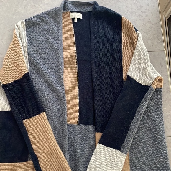 Lucky Brand Patchwork Open Long Cardigan Navy Gray Tan Textured Loose size XS - Picture 2 of 12
